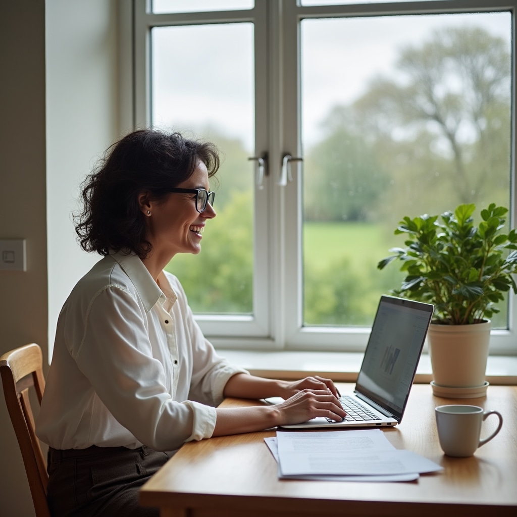 Independent consultant on a video call from a home office, engaged in professional discussion