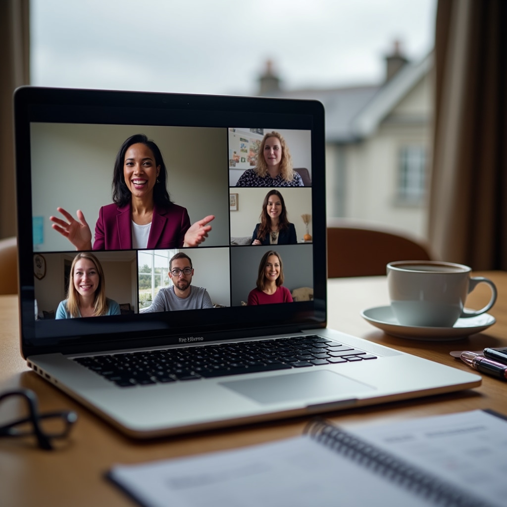 Diverse group of Irish freelancers and consultants in a cohort accountability meeting, engaged and focused