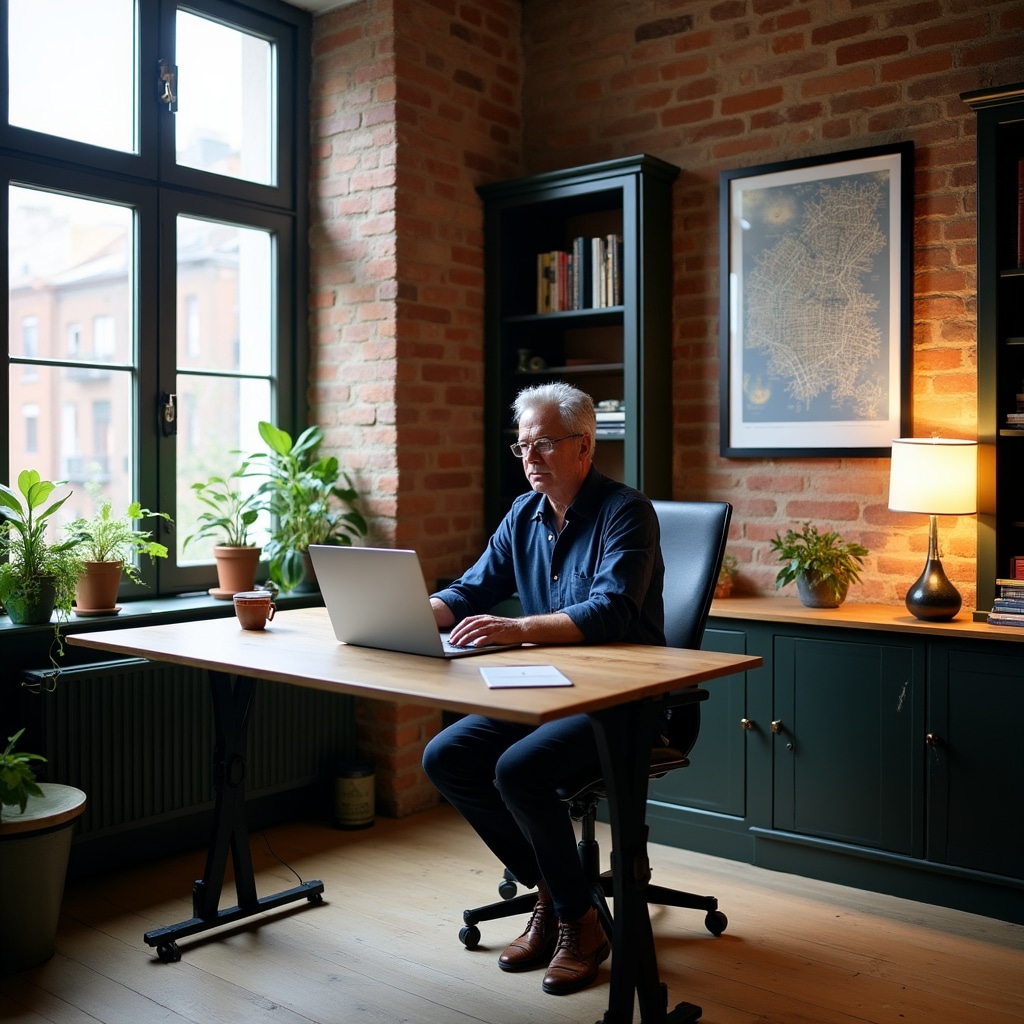 Freelancer working from a well-organised home office in Dublin, focused and professional