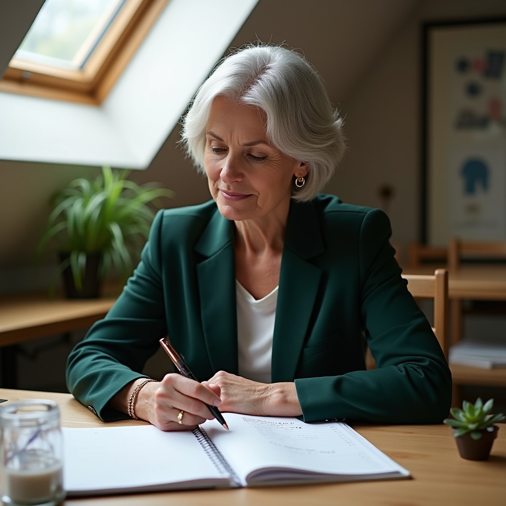 Freelancer consultant reviewing goals and progress notes in a structured planning environment